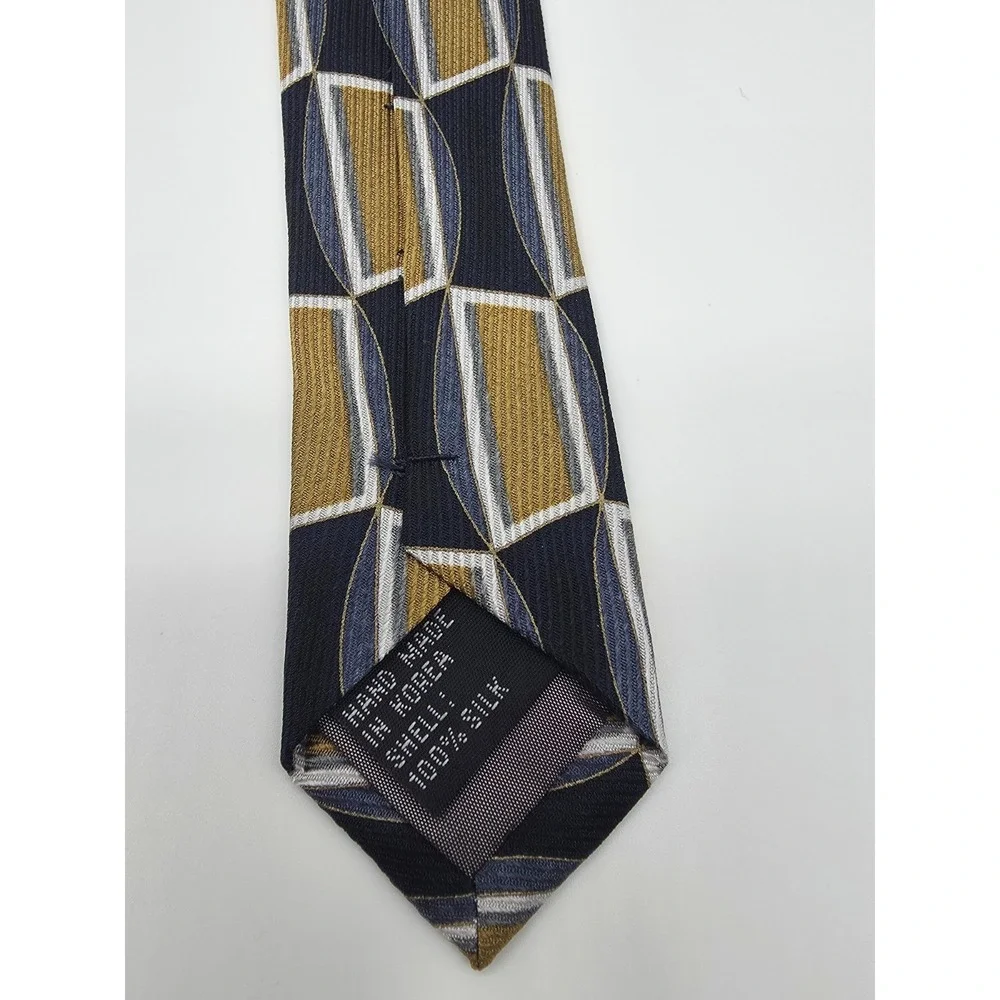 Zanzara Men's 100% Silk Gold Blue White Geometric Tie 59